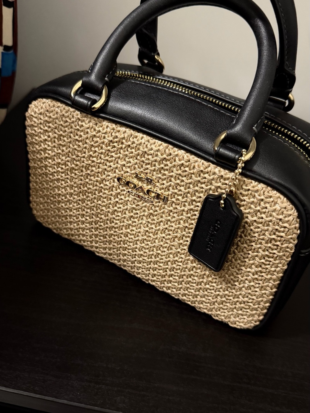 Coach Black and Natural Straw Satchel